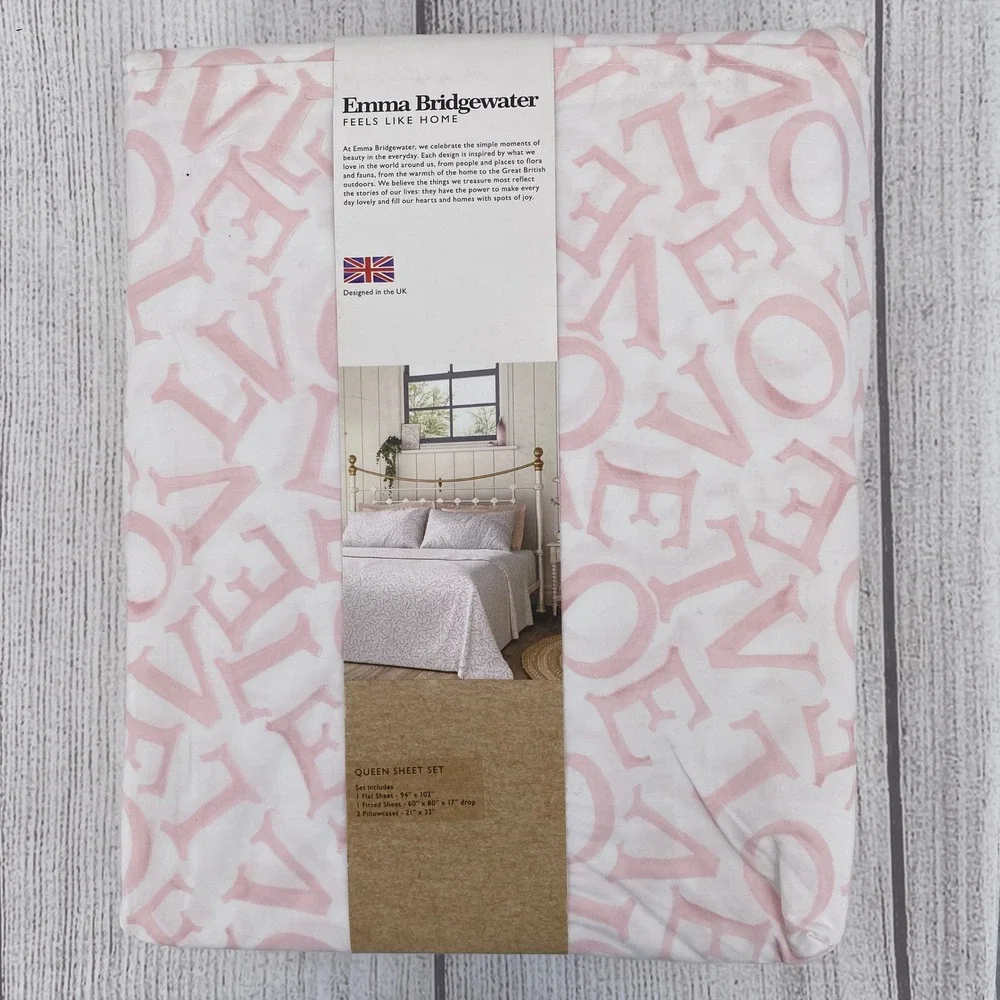 Emma Bridgewater Sheet Set QUEEN Love Pink 100% Cotton Percale Script Pastel